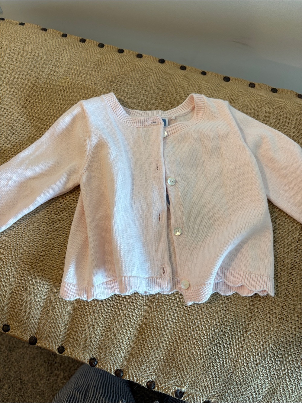 Jacadi Pale Pink Knit Baby Cardigan with Scalloped Hem